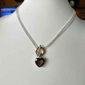 Sigal SS 925 Leopard Enamel Toggle Necklace w/Heart Smoky Quartz Enhancer
